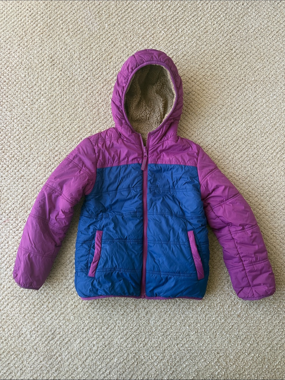 Eddie Bauer Purple and Blue Hooded Reversible Kids Puffer Jacket size S 7/8